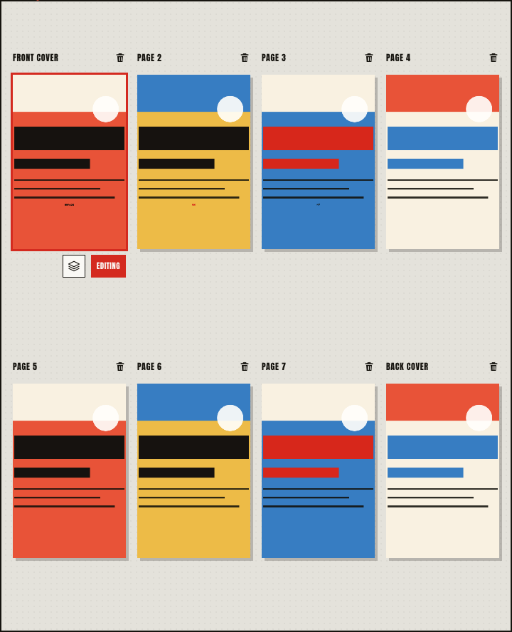 Zineroo page grid showing a zine layout in progress